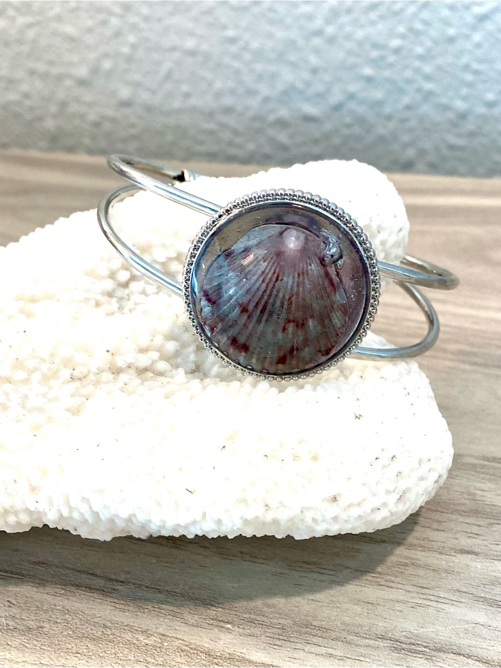 124. Silver Bangle Bracelet with Sanibel island calico scallop shell accent